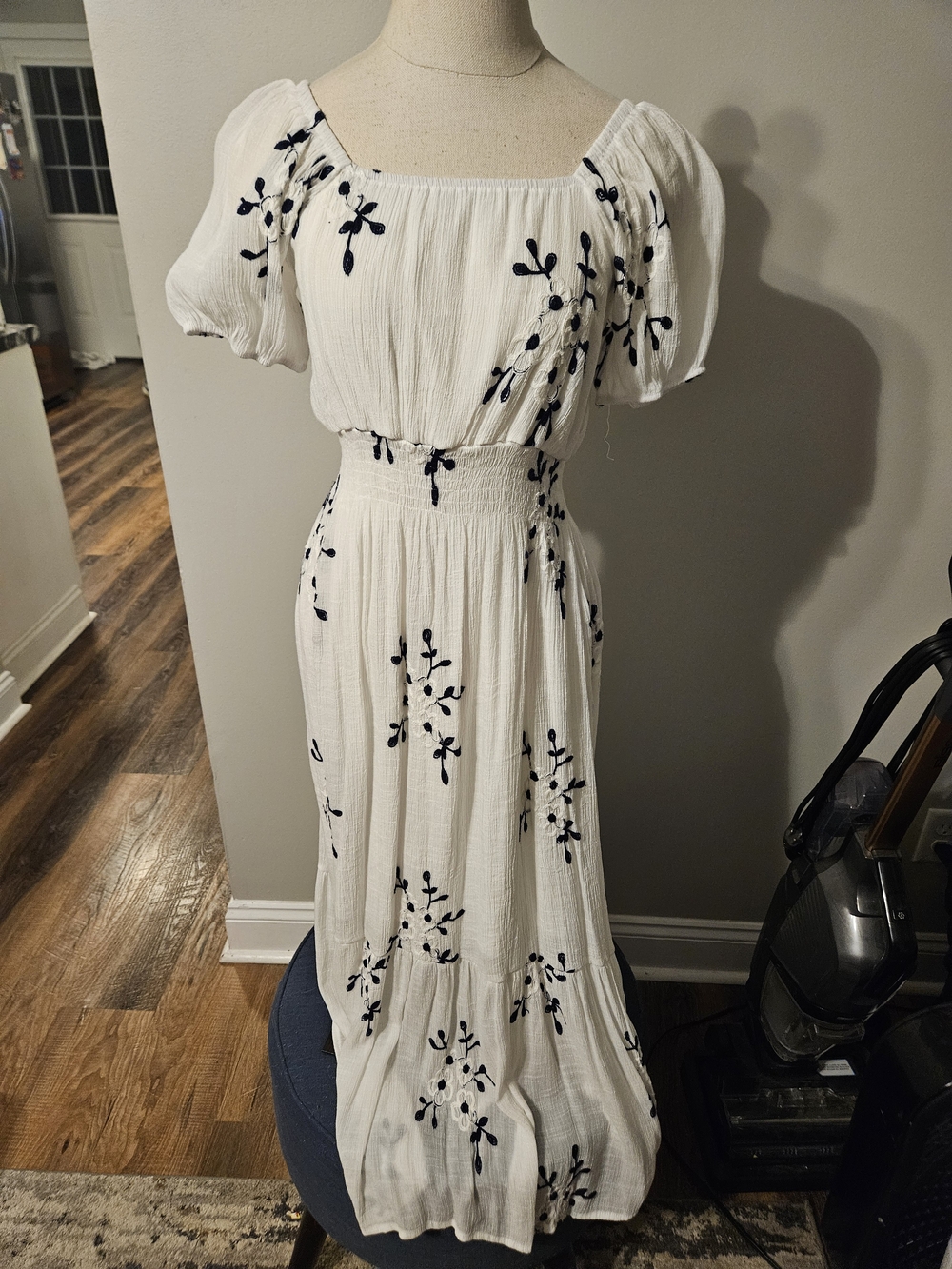 White Maxi Dress with Navy Embroidered Florals